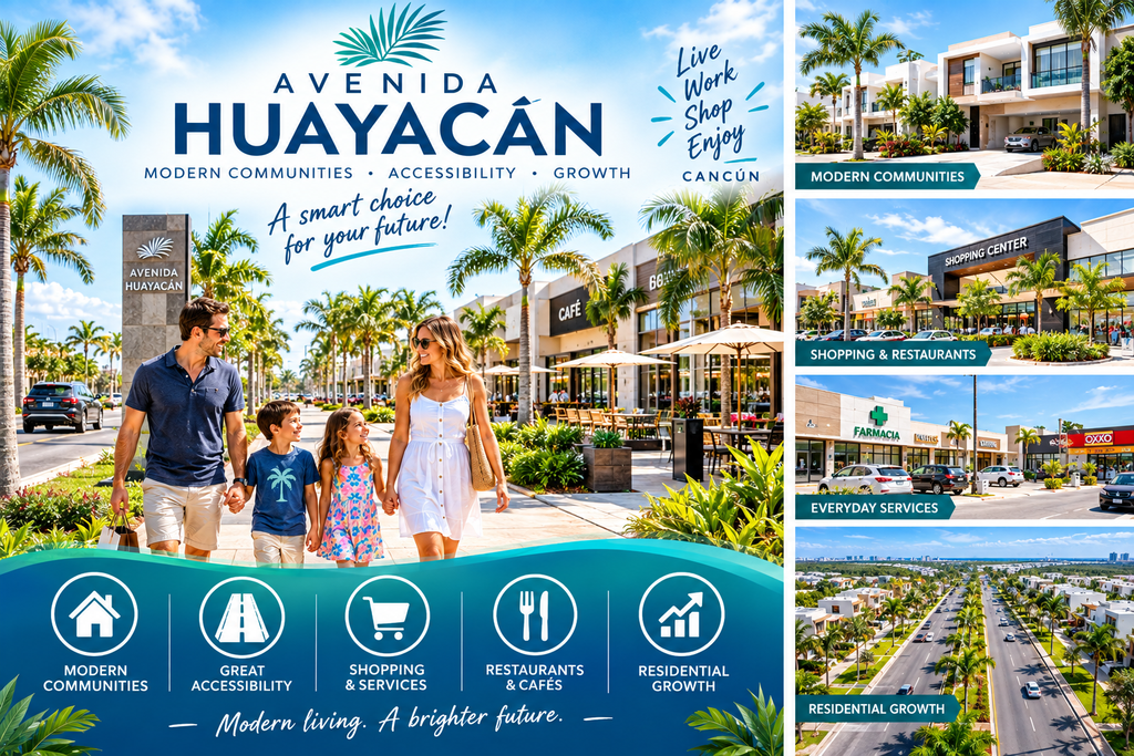 AVENIDA HUAYACAN MODERN COMMUNITIES, ACCESSIBILITY, GROWTH. LIVE WORK SHOP ENJOY CANCUN, CANMEX GROUP